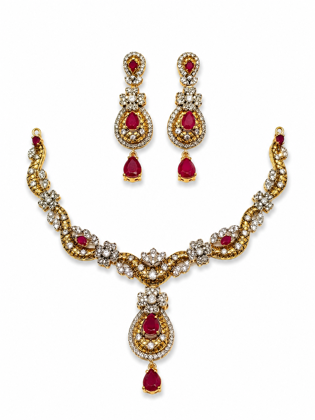Crimson Bloom Silver Necklace Set