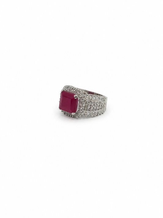 Pure Silver Ring with Red Center Stone