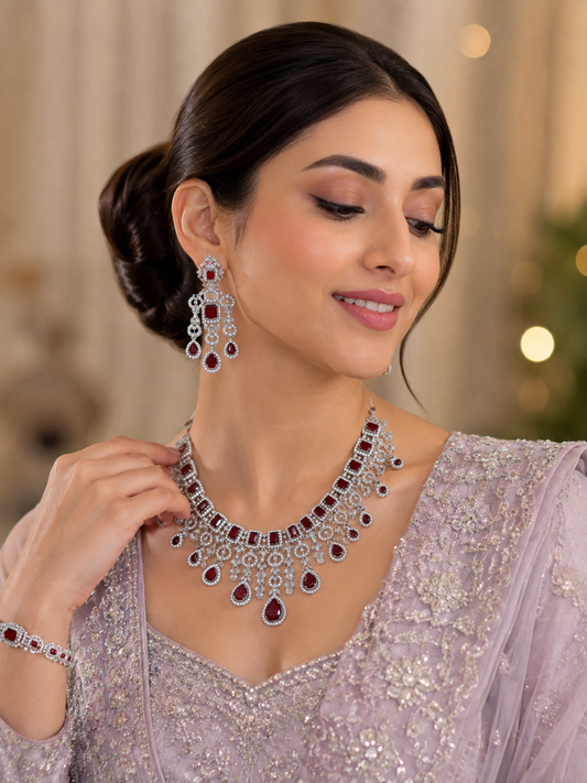 925 Silver Red Zircon Bridal Necklace Set