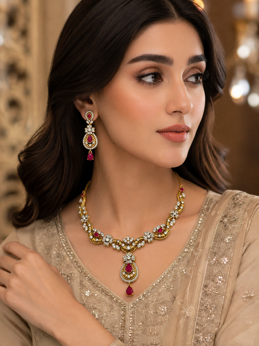 Crimson Bloom Silver Necklace Set