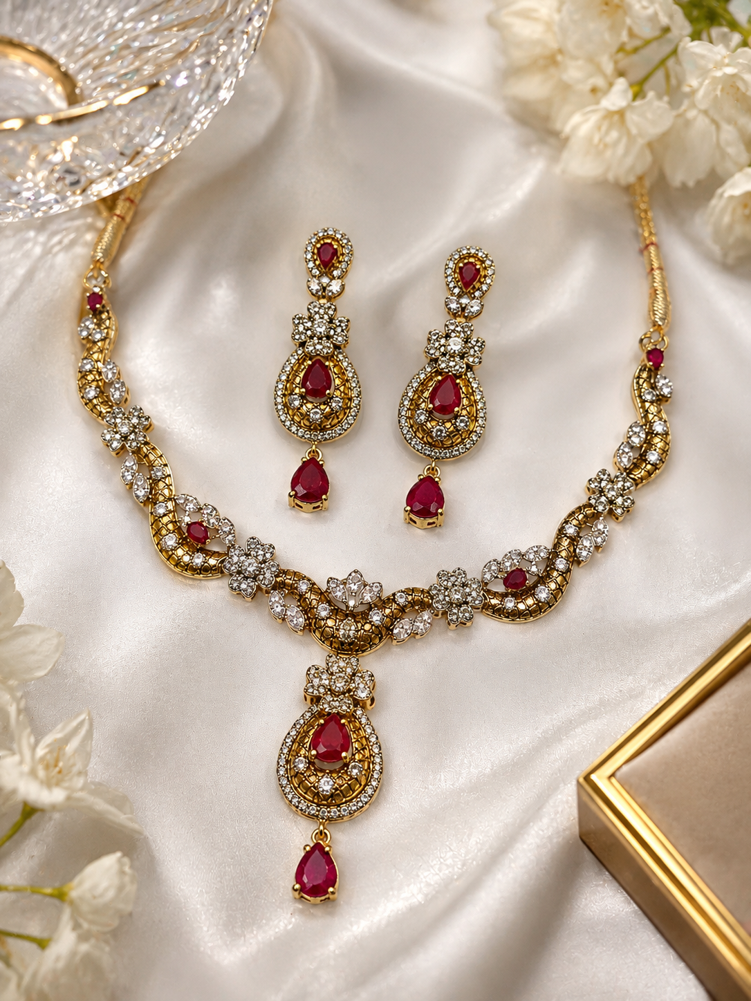 Crimson Bloom Silver Necklace Set