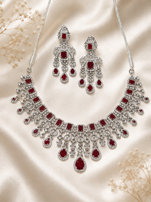 925 Silver Red Zircon Bridal Necklace Set